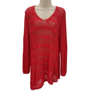 Retro-ology Womens Red Open Knit Asymmetrical Hem V Neck Long Sleeve Sweater L